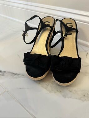 Guess Black Bow Espadrille Wedge Sandals with Ankle Strap